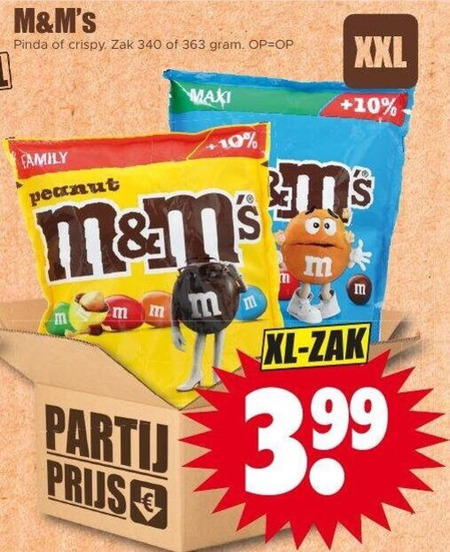 m en ms chocolade 10 pinda crispy zak family peanut maxi xxl hits xl 3.99 folder aanbieding bij Dirk M en Ms chocolade folder aanbieding bij Dirk - details