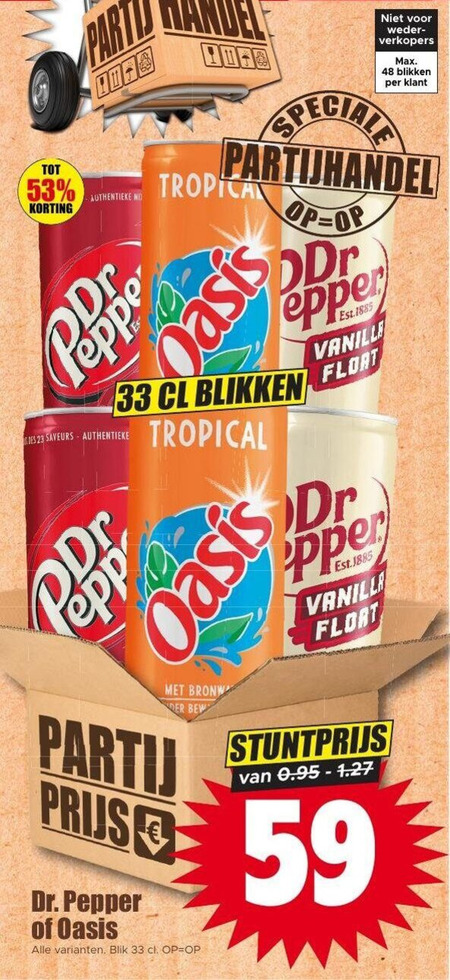 frisdrank cola 23 33 48 party authentieke blikken trop ddr pepperoni oasis des saveurs tropical vanille float bronwater der dr. pepper blik vanilla folder aanbieding bij Dirk