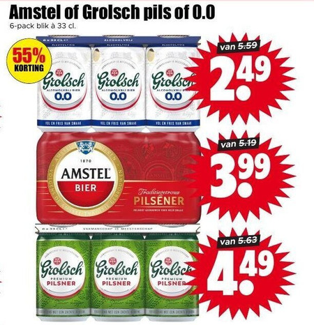 grolsch amstel blikjes bier alcoholvrij 6 33 55 1870 pils 0.0 pack blik bied til fris smart pilsener meesterschap 3.99 premium pilsner folder aanbieding bij Dirk Amstel blikje bier, alcoholvrij bier folder aanbieding bij Dirk - details