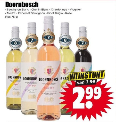 rose witte wijn rode 8 sauvignon blanc chenin chardonnay merlot cabernet pinot grigio rosee fles doornbos black wine origin 3.99 folder aanbieding bij Dirk