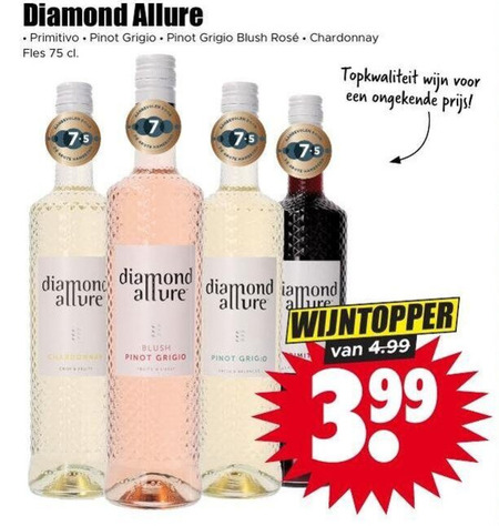 rose witte wijn rode diamond allure primitivo pinot grigio blush rosee chardonnay fles 3.99 folder aanbieding bij Dirk