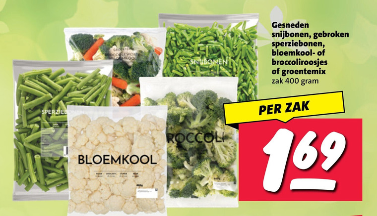 bloemkool sperziebonen snijbonen broccoli 400 wortel gesneden gebroken broccoliroosjes groentemix zak folder aanbieding bij Nettorama