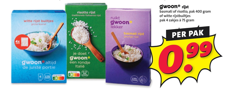 gwoon rijst 4 400 4x witte builtjes korrel risotto min rondje ruikt basmati geurige pak rijstbuiltjes zakjes folder aanbieding bij Nettorama Gwoon rijst folder aanbieding bij Nettorama - details