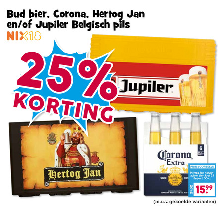 hertog jan bud corona jupiler blikjes bier krat speciaalbieren 6 24 25 30 belgisch pils nix18 since la cerveza zuiver model folder aanbieding bij Boons Markt Jupiler krat bier, blikje bier folder aanbieding bij Boons Markt - details