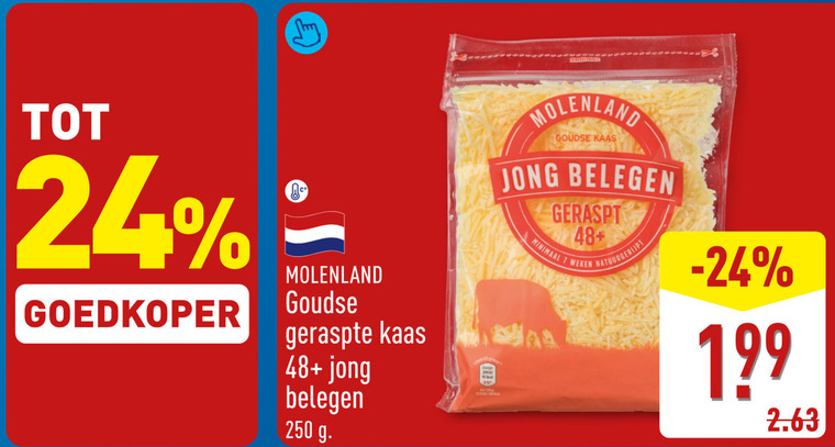 geraspte kaas 7 24 250 goedkoper molenland goudse 48 jong belegen geraspt minimaal weken natuurgerijpt folder aanbieding bij Aldi
