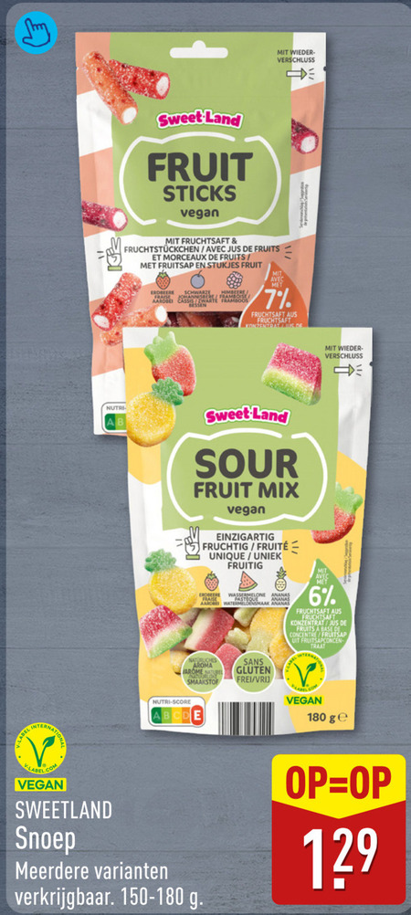 snoep 1 6 7 180 label nutri sweet land fruit sticks avec jus fruits morceaux fruitsap stukjes erdbeere schwarze himbeere fraise aardbei cassis zwarte framboos bessen sour mix unique fruitig ananas aarde aroma arome naturel score sans gluten vrij base concentre ge meerdere folder aanbieding bij Aldi