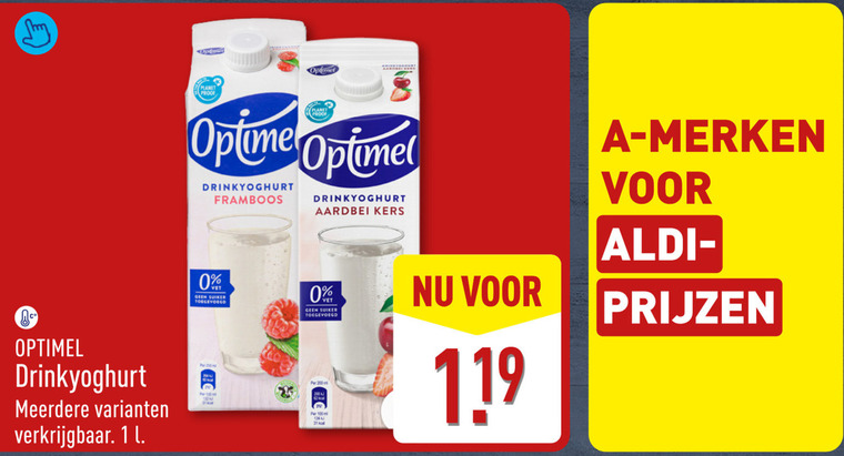 optimel drinkyoghurt 1 31 opener proof planet framboos aardbei kers suiker merken meerdere l folder aanbieding bij Aldi Optimel drinkyoghurt folder aanbieding bij Aldi - details