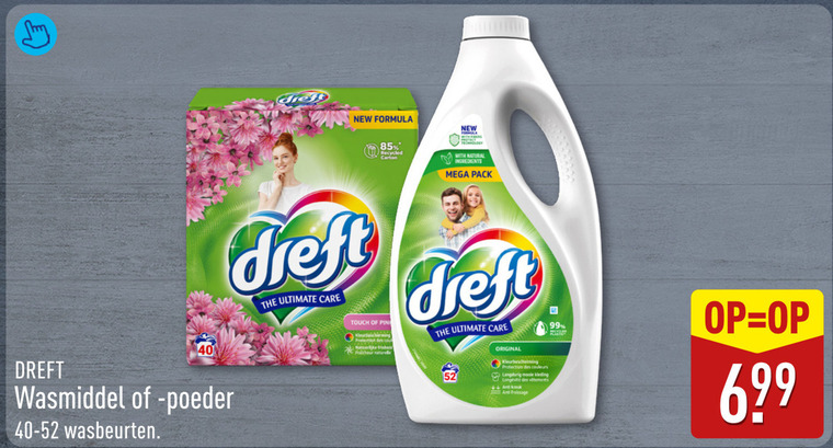dreft wasmiddel 40 99 new formula recycled carton technology with natural ingredients mega pack ultimate care touch kleurbescherming protection des original couleurs langdurig kleding anti kreuk poeder wasbeurten folder aanbieding bij Aldi Dreft wasmiddel folder aanbieding bij Aldi - details