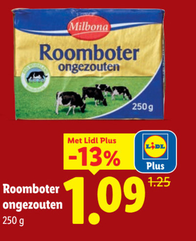 roomboter 250 milbona ongezouten folder aanbieding bij Lidl