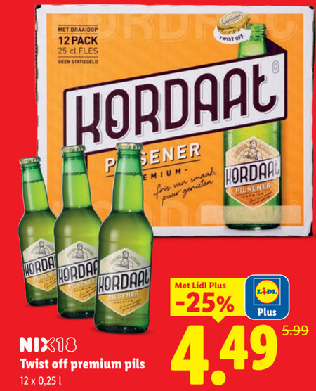 kordaat flesjes bier 12 25 twist off draaidop pack fles fris puur genieten pilsener nix18 premium pils 5.99 folder aanbieding bij Lidl Kordaat flesje bier folder aanbieding bij Lidl - details