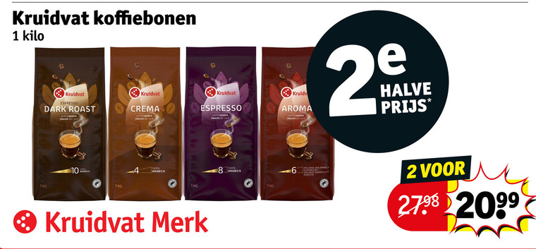kruidvat huismerk koffiebonen 1 2 4 8 2099 kilo espresso dark roast grains cafe crema aroma halve 1kg arabica merk melange robusta folder aanbieding bij Kruidvat Kruidvat Huismerk koffiebonen folder aanbieding bij Kruidvat - details