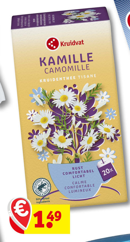 kruidvat huismerk thee 50 kamille camomille kruidenthee tisane natur comfortabel licht 20x people ingredients folder aanbieding bij Kruidvat Kruidvat Huismerk thee folder aanbieding bij Kruidvat - details