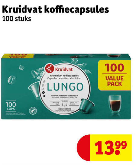 kruidvat huismerk koffiecups 100 koffiecapsules stuks aluminium capsules mcafee lungo melange arabica robusta pack cups espresso les doux riche mild rijk medium gebrand folder aanbieding bij Kruidvat Kruidvat Huismerk koffiecups folder aanbieding bij Kruidvat - details