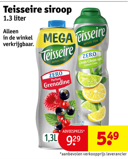 teisseire limonadesiroop siroop liter mega depuis zero grenadine parfum citron lemon lime 1 34 folder aanbieding bij Kruidvat Teisseire limonadesiroop folder aanbieding bij Kruidvat - details