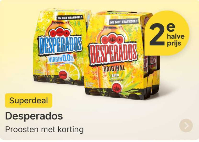 desperados speciaalbieren 2 virgin 0.0 original beer proosten halve folder aanbieding bij Picnic Desperados speciaalbier folder aanbieding bij Picnic - details