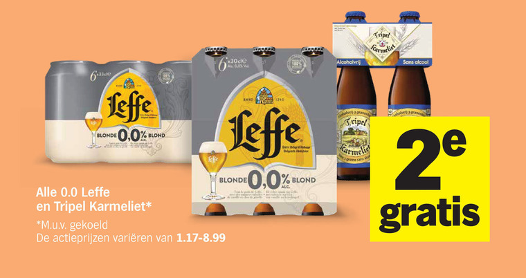 karmeliet leffe alcoholvrij bier 3 5 100 blonde blond vel tripel sans alcohol anno deler aa grains 2 0.0 m.u.v gekoeld varieeren folder aanbieding bij Albert Heijn Karmeliet alcoholvrij bier folder aanbieding bij Albert Heijn - details