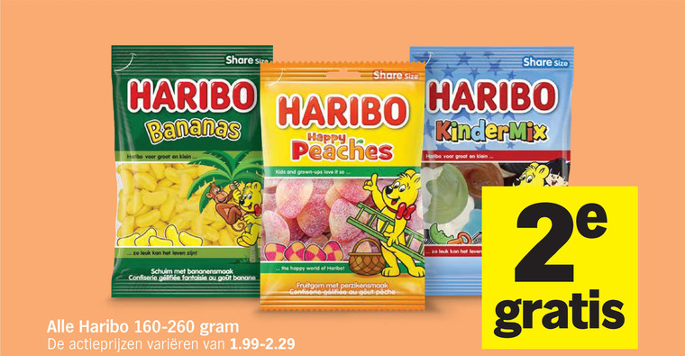 haribo snoep 2 share size bananas klein happy kids and grown ups love it kindermix leven schuim bananensmaak world confiserie banane varieeren fruitgom gout folder aanbieding bij Albert Heijn Haribo snoep folder aanbieding bij Albert Heijn - details