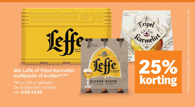 karmeliet leffe krat bier speciaalbieren 6 16 24 25 tripel multipacks kratten gekoeld varieeren bitterbal be ochre belge anno fris blonde blond aanbieding maximaal dozen folder aanbieding bij Albert Heijn Leffe krat bier, speciaalbier folder aanbieding bij Albert Heijn - details