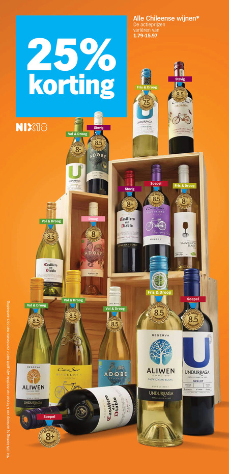 rode wijn witte rose 6 8 10 13 25 1885 flessen dezelfde combinatie aanbieding chileense wijnen varieeren fris droog stevig organic undurraga blanc sauvignon nix18 adobe camera emiliana hamer casillero diablo chardonnay toro soepel cono cabernet chili your merlot concha partner wine reserva aliwen sacred tree chile tref established bed treats cheese 750ml folder aanbieding bij Albert Heijn
