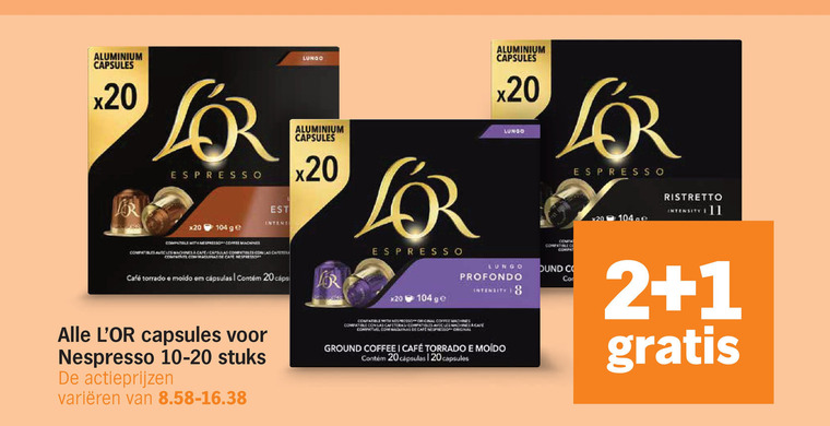 douwe egberts l or koffiecups 1 2 11 20 aluminium capsules espresso ge compatible with nespresso coffee machines compatibles avec les cape las vel cafe lungo mcafee em ristretto intensity profondo co 10-20 stuks varieeren orginal ground folder aanbieding bij Albert Heijn Douwe Egberts L Or koffiecups folder aanbieding bij Albert Heijn - details