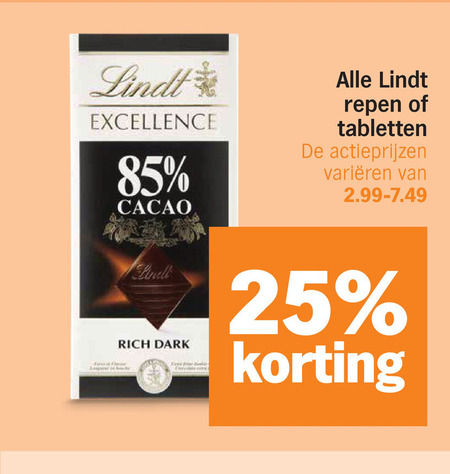lindt chocolade 25 excellence cacao repen tabletten varieeren dark folder aanbieding bij Albert Heijn Lindt chocolade folder aanbieding bij Albert Heijn - details
