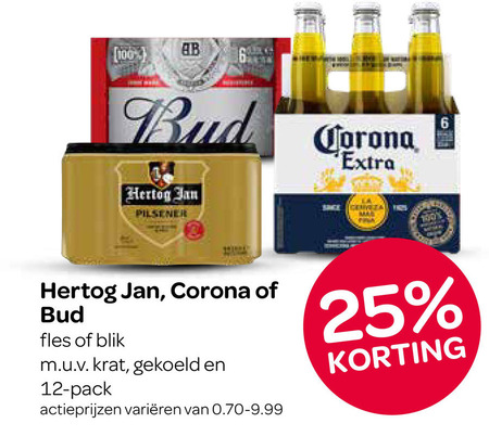 6 12 25 100 ab bud corona hertog jan pilsener extra genveza of fles blik m.u.v.krat gekoeld en - pack actieprijzen varieeren van 0.70-9.99 korting folder aanbieding bij Spar Bud blikje bier, speciaalbier folder aanbieding bij Spar - details