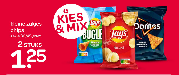 lays doritos chips zoutjes 2 kleine zakjes zakje 30 45 stuks mix lys nacho cheese naturel sweet pepper flavour folder aanbieding bij Spar Doritos chips, zoutje folder aanbieding bij Spar - details