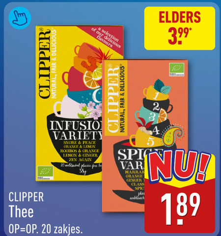 clipper thee 20 natural fair selection flavours elders variety snore peace orange lemon rooibos ginger zen again plastic free zakjes class plas folder aanbieding bij Aldi Clipper thee folder aanbieding bij Aldi - details