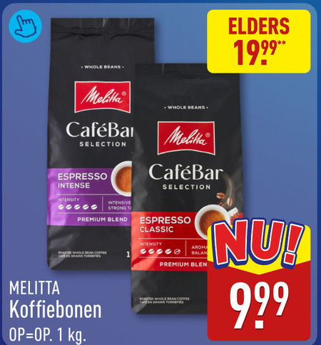 melitta koffiebonen 1 beans selection espresso intense whole elders intensive intensity strong premium blend roasted bean coffee cafe grains classic aroma folder aanbieding bij Aldi Melitta koffiebonen folder aanbieding bij Aldi - details
