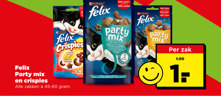 felix kattenvoer 2 100 party mix crispies purina rund kip boeuf poulet zakken seaside saveur gemaakt kleurstoffen sans colorants one tasty zak folder aanbieding bij Plus Felix kattenvoer folder aanbieding bij Plus - details