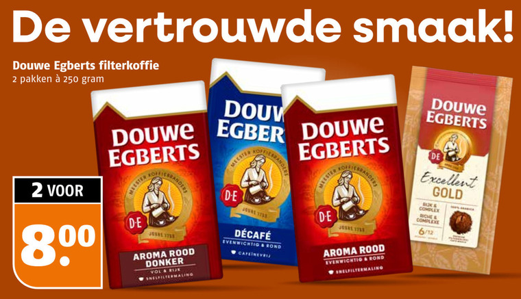 douwe egberts koffie 2 250 vertrouwde filterkoffie pakken meester aroma rood donker rijk snelfiltermaling evenwichtig rond cafeinevrij excellent gold complex riche 6 12 folder aanbieding bij Poiesz Douwe Egberts koffie folder aanbieding bij Poiesz - details