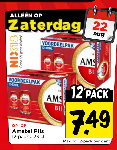 amstel blikjes bier 12 18 22 33 00 zaterdag nix18 alcohol pils pack 6x folder aanbieding bij Vomar Amstel blikje bier folder aanbieding bij Vomar - details
