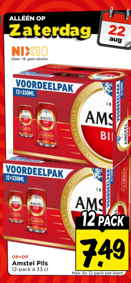 amstel blikjes bier 12 18 22 33 zaterdag nix18 alcohol pilsener pils pack 6x folder aanbieding bij Vomar Amstel blikje bier folder aanbieding bij Vomar - details
