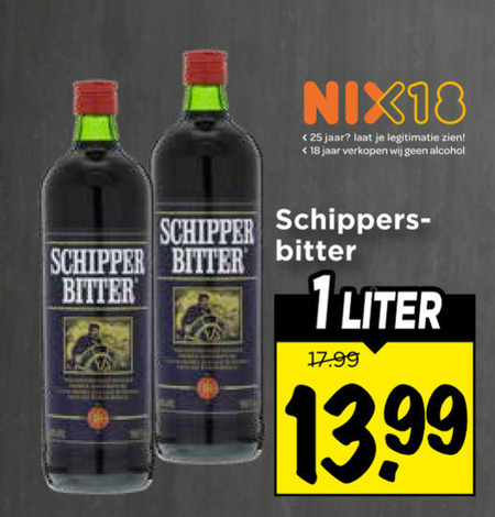 schipperbitter kruidenbitter 1 18 25 nix18 jaar legitimatie alcohol schipper schippers bitter liter folder aanbieding bij Vomar Schipperbitter kruidenbitter folder aanbieding bij Vomar - details