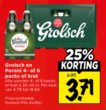 grolsch krat bier blikjes 6 25 peroni soorten stuk pils folder aanbieding bij Vomar Grolsch blikje bier, krat bier folder aanbieding bij Vomar - details