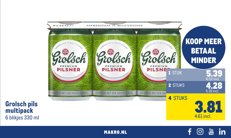 grolsch blikjes bier 1 2 4 6 33 330 pils multipack ml meesterschap minder premium pilsner peter verfrissend zachte afdronk pater stuk stuks you tube folder aanbieding bij Makro Grolsch blikje bier folder aanbieding bij Makro - details