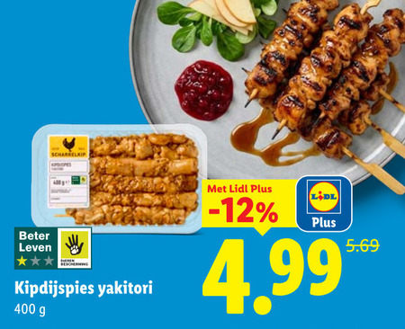 kipspiesjes 400 scharrelkip beter leven bescherming yakitori folder aanbieding bij Lidl