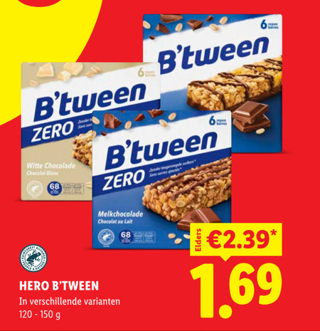 hero mueslirepen 6 zero zonder barres witte chocolade chocolat blanc toegevoegde melkchocolade lait elders folder aanbieding bij Lidl Hero mueslireep folder aanbieding bij Lidl - details