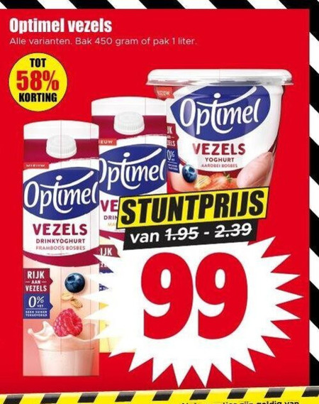 optimel drinkyoghurt 1 450 vezels bak pak liter yoghurt aardbei bosbes framboos rijk suiker folder aanbieding bij Dirk Optimel drinkyoghurt folder aanbieding bij Dirk - details