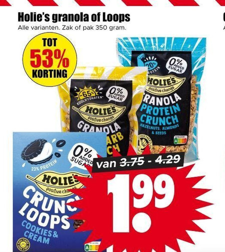 muesli 20 23 350 granola loops zak pak protein positive crunchy cream proteine sugar change crunch hazelnuts almonds folder aanbieding bij Dirk