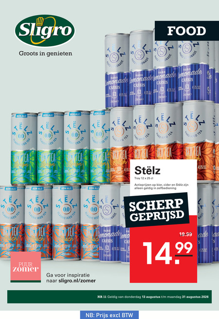 stelz hard seltzer 6 11 12 13 25 31 45 250 genieten lemonade onade food karbonade cassis natural calorie classic 0.0 tea naturel zero sugar iced mie tray red bier cider zelfbediening l each peach ice le scherp geprijsd morning enduring aa puur zomer inspiratie maandag folder aanbieding bij Sligro Stelz hard seltzer folder aanbieding bij Sligro - details