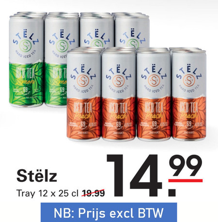 stelz hard seltzer 12 25 45 69 250 ice iced tea bed peach tray folder aanbieding bij Sligro Stelz hard seltzer folder aanbieding bij Sligro - details