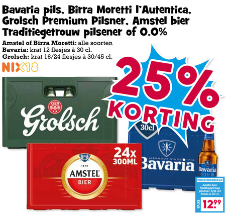 birra moretti grolsch amstel bavaria krat bier 12 18 24 25 30 1870 pils premium pilsner traditiegetrouw pilsener 0.0 soorten 16 45 300ml folder aanbieding bij Boons Markt Birra Moretti krat bier folder aanbieding bij Boons Markt - details