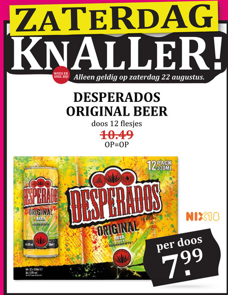 desperados speciaalbieren 10 12 22 zaterdag knaller desperado original beer doos nix18 7 99 folder aanbieding bij MCD Supermarkt Basis Desperados speciaalbier folder aanbieding bij MCD Supermarkt Basis - details