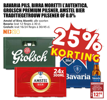 grolsch bavaria amstel birra moretti krat bier 12 18 24 25 30 1870 pils premium pilsner traditiegetrouw pilsener 0.0 soorten 16 45 300ml lieshout sings folder aanbieding bij MCD Supermarkt Basis Bavaria krat bier folder aanbieding bij MCD Supermarkt Basis - details