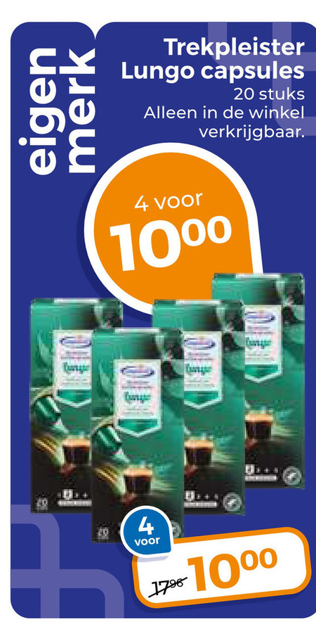 trekpleister huismerk koffiecups 4 20 merk lungo capsules stuks 10 folder aanbieding bij Trekpleister Trekpleister Huismerk koffiecups folder aanbieding bij Trekpleister - details