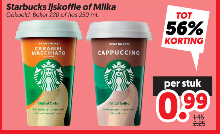 starbucks ijskoffie 250 milka gekoeld beker fles ml caramel macchiato flavour chilled coffee bold espresso creamy milk hints cappuccino cocoa stuk 99 folder aanbieding bij Dekamarkt Starbucks ijskoffie folder aanbieding bij Dekamarkt - details