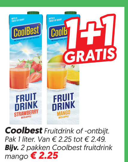 1 2 with twist dairy coolbest fruit drink strawberry apple mango fruitdrink pak liter pakken folder aanbieding bij Dekamarkt