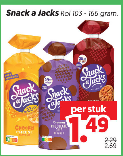 snack a jacks rijstwafels 31 rol quality ingredients cheeky cheese flavour rice dreamy chocolate chip smaken stuk folder aanbieding bij Dekamarkt Snack a Jacks rijstwafels folder aanbieding bij Dekamarkt - details