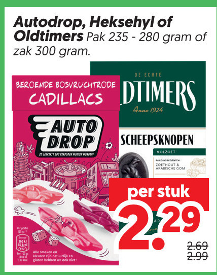 autodrop heksehyl oldtimers drop snoep 20 200 300 pak zak bosvruchtrode cadillacs verboden smaken kleuren natuurlijk gluten anno scheepsknopen volzoet punt zoethout arabische stuk folder aanbieding bij Dekamarkt Oldtimers drop, snoep folder aanbieding bij Dekamarkt - details